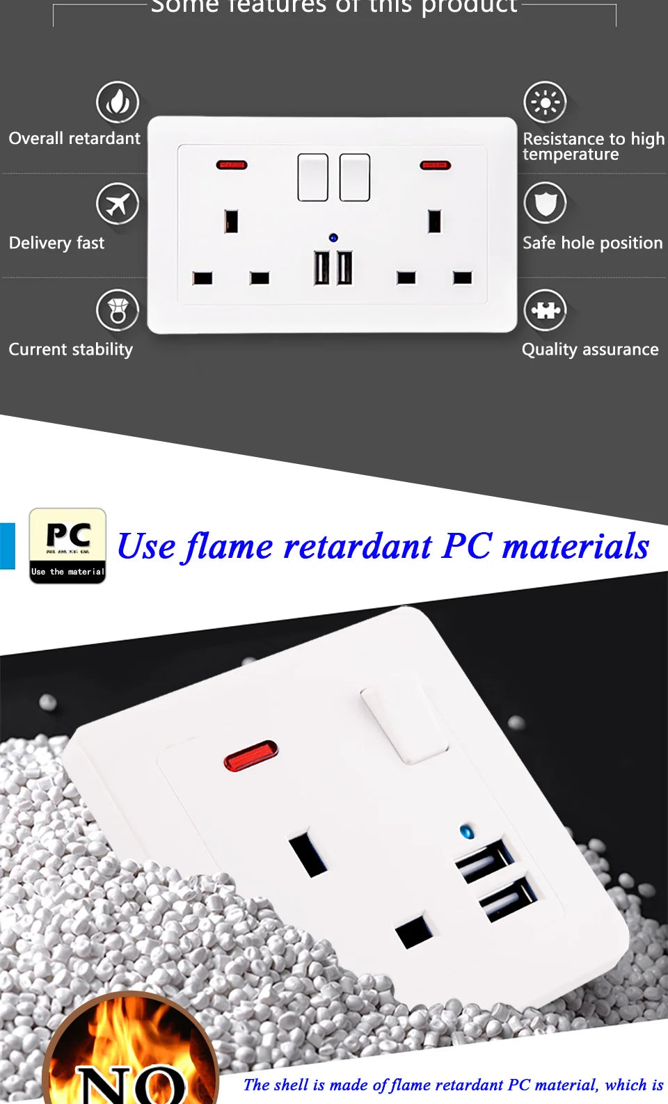 UK Standard 13A Switched Wall Socket with Dual USB Charger Ports LED Indicator Standard Size Easy Fit Wall Mounted USB Power