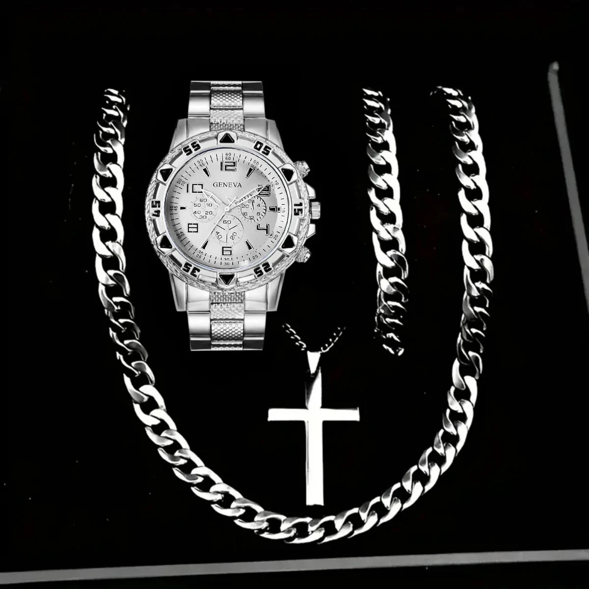 4PCS Fashion Arabic Dial Men Business Watches Bracelet Necklaces Set Luxury Mens Quartz Wristwatch Reloj Hombre（Without Box）