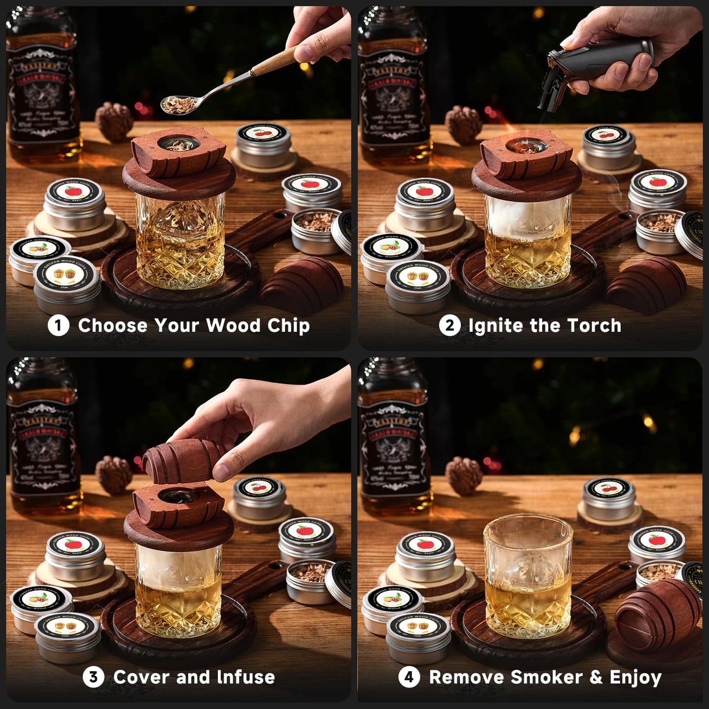 Cocktail Smoker Kit with Apple Cherry Oak Pecan Wood Chips Whiskey Wooden Smoked Wood Hood Smoker for Bar Drinks Kitchen Tools