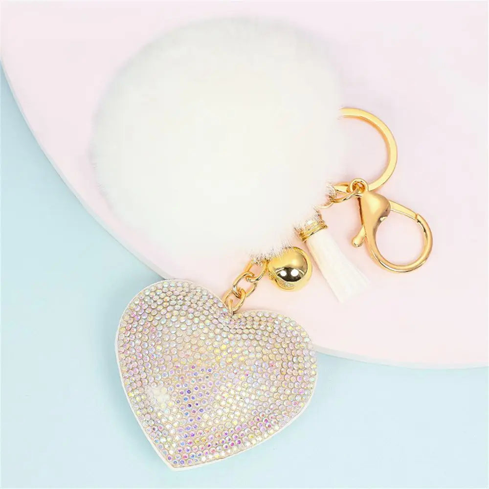 Fashion for Women's Bags Girls Ornaments Packaging Decoration Pompom Keychains Rhinestone Heart Bag Pendant Rhinestone Keyrings