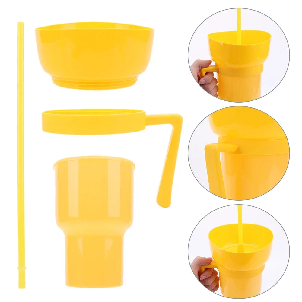 1000ml Portable Snack Container Multifunction Stadium Tumbler Popcorn Beverage Cup with Straw & Handle for Cinema Home Travel