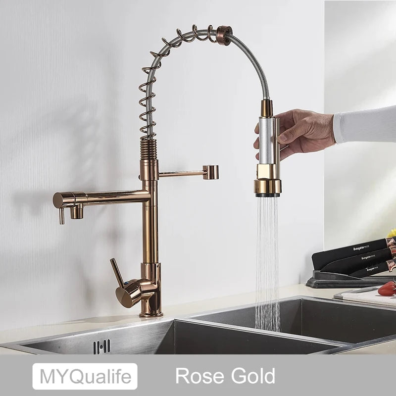 Black Pull Down Brass Kitchen Sink Faucet Hot Cold Water Mixer Crane Tap with Dual Spout 360 Rotation High Faucet Deck Mounted