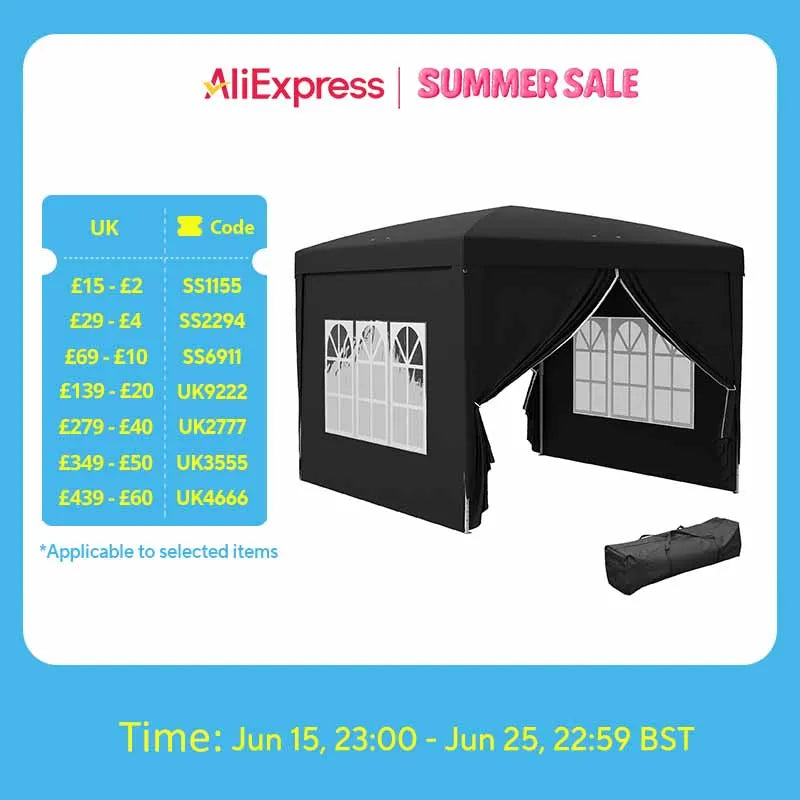 Outsunny 3 x 3(m) Pop Up Gazebo, Water and UV Resistant Party Tent Camping Canopy Marquee with  Carry Bag, Black
