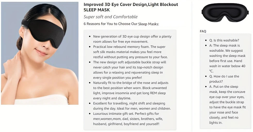 3D Sleep Mask With Noise Ear plug, Unisex Blackout, Protects Eyelashes, Adjustable Strap, Travel Plane Work Eye Mask
