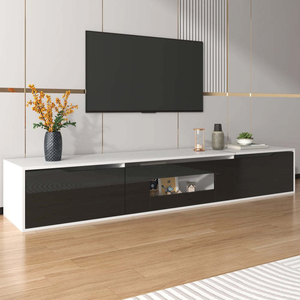 PINGGO TV cabinet, high-gloss TV cabinet, matching colours in white and high-gloss black, with colour-changing LED lights