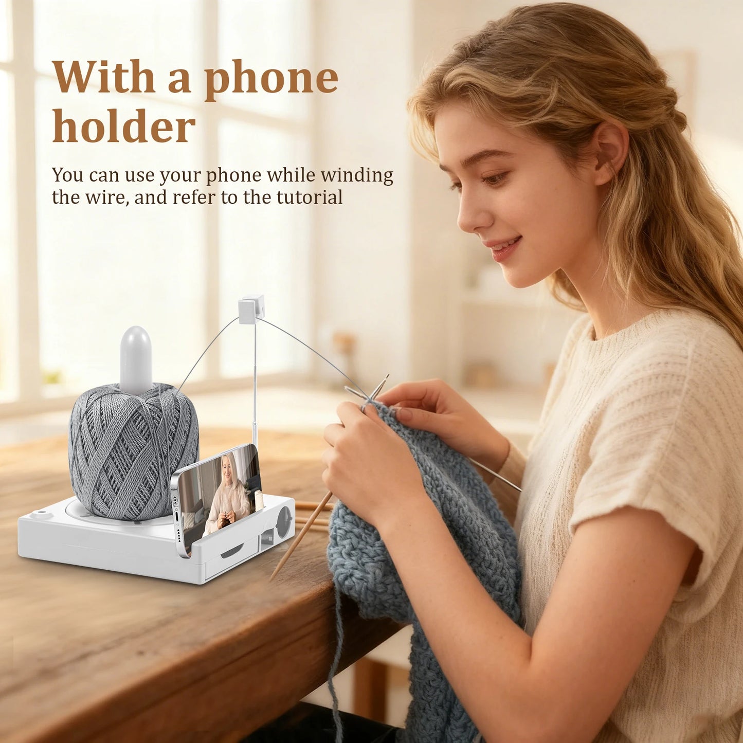 Versatile Yarn Spool Box Portable Crochet Caddy Yarn Organizer Spool Box with Bottom Drawer & Phone Stand for Knitting Lovers