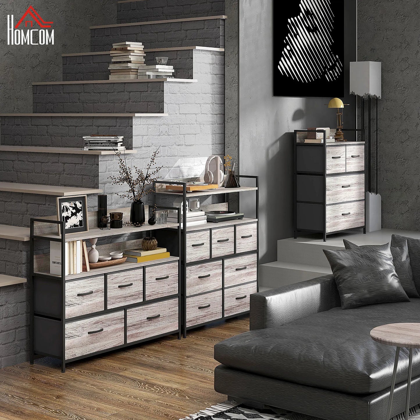 HOMCOM Bedroom Chest of Drawers 7 Drawer Dresser w/ Shelves, Grey Wood Effect