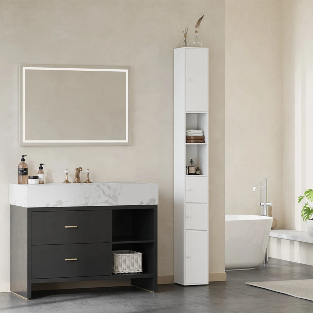 BonChoice Tall&Slim Bathroom Cabinet with 4 Doors&2 Open Shelves, Slim Bathroom Storage Cabinet Unit Narrow Cupboard