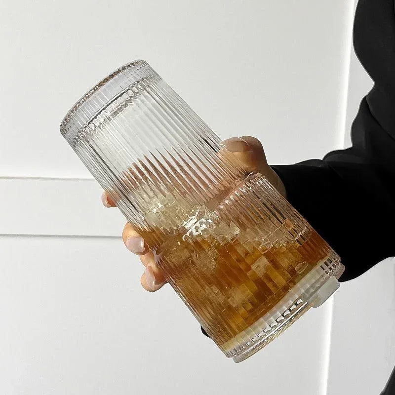 600ML Stripe Glass Coffee Cup with Lid and Straw Transparent Drinking Glasses for Juice Milk Tea Cups Iced Coffee Mugs Drinkware