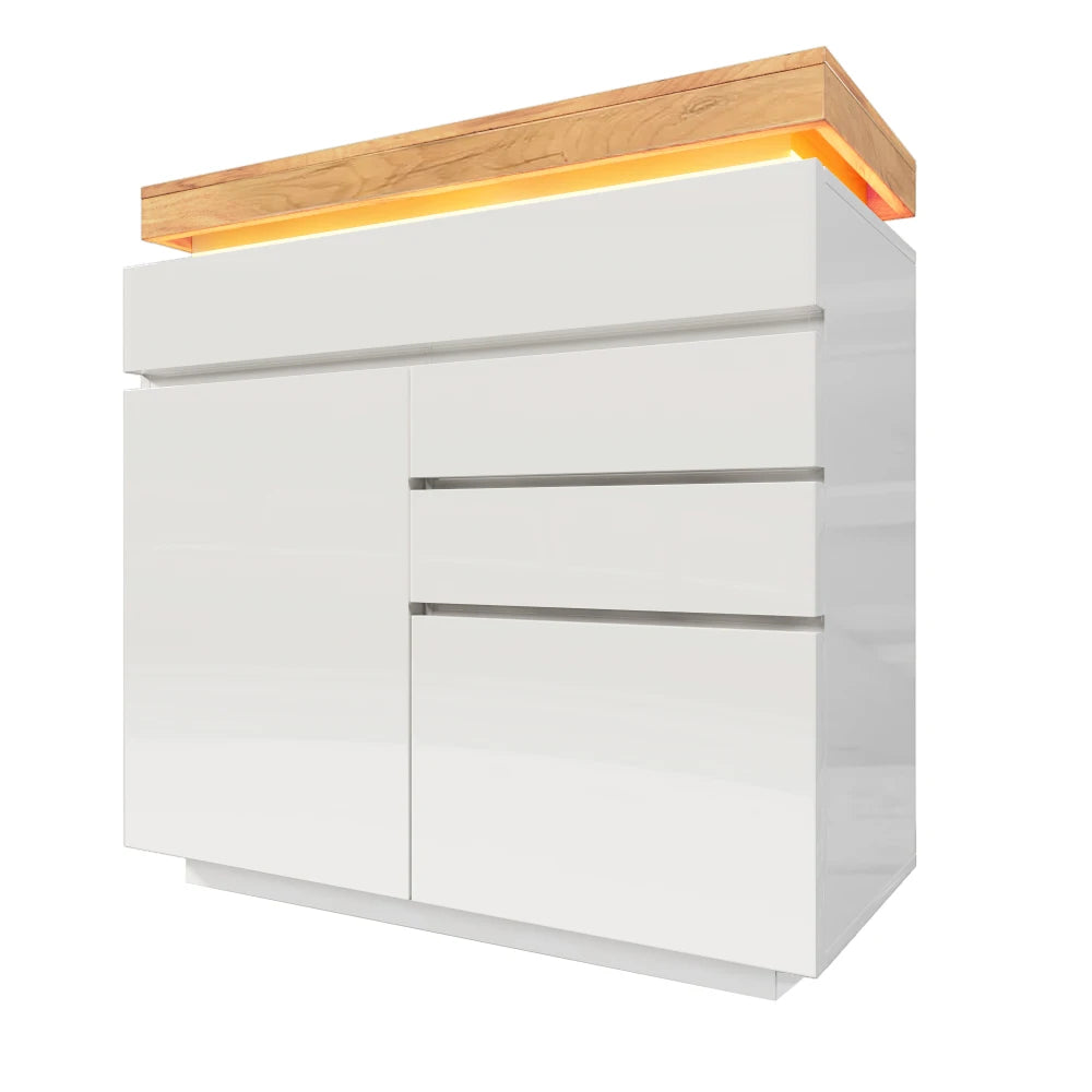 PINGGO Chest of Drawers,High-gloss Sideboard Cabinet with 2 Doors and 3 Drawers,Storage with RGB LED,115 x 110 x 39 cm, White