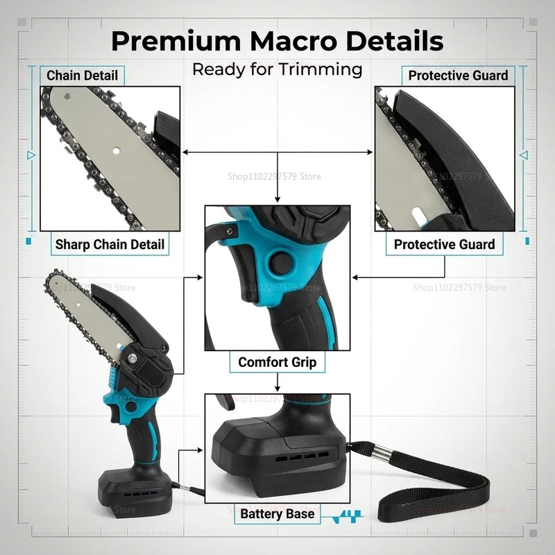 6Inch Cordless Electric Chainsaw Rechargeable No Battery Lightweight Power Tool for Woodcutting Gardening Makita 18V Compatible