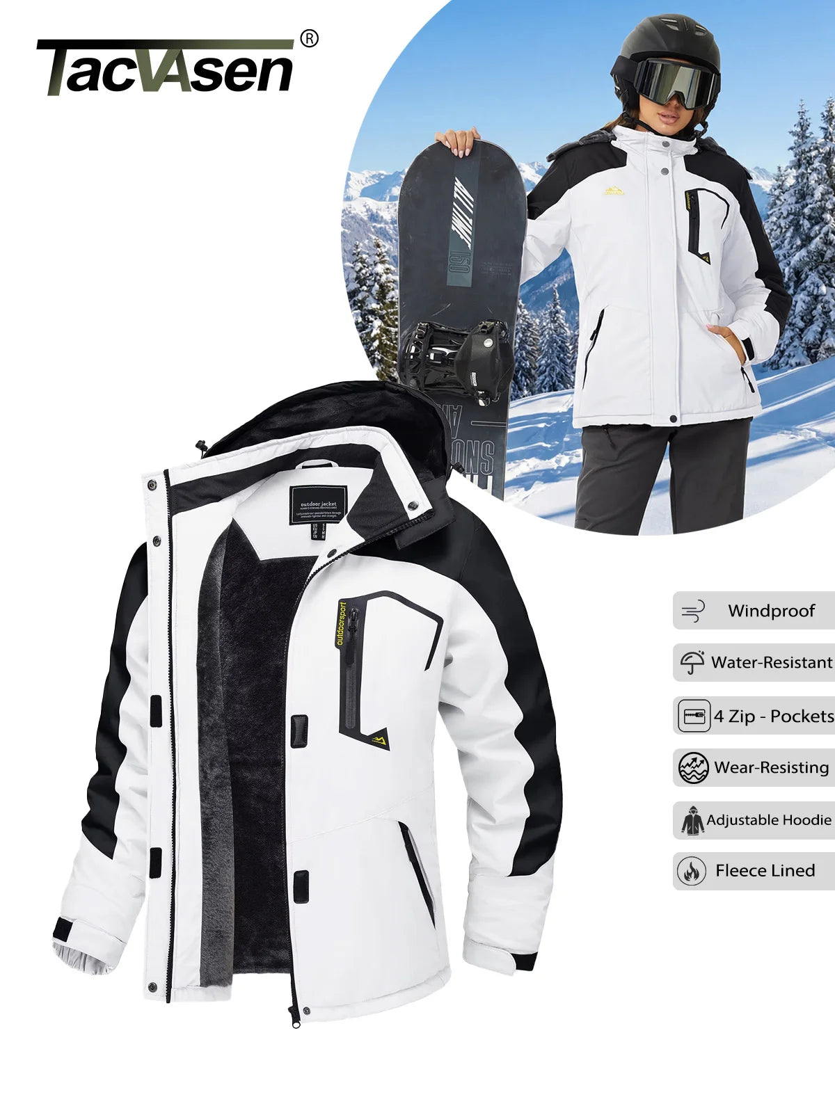 TACVASEN Winter Waterproof Ski Snowboard Jacket Womens Thermal Heavy Fleece Jackets Casual Work Rain Coat Windbreaker Parka