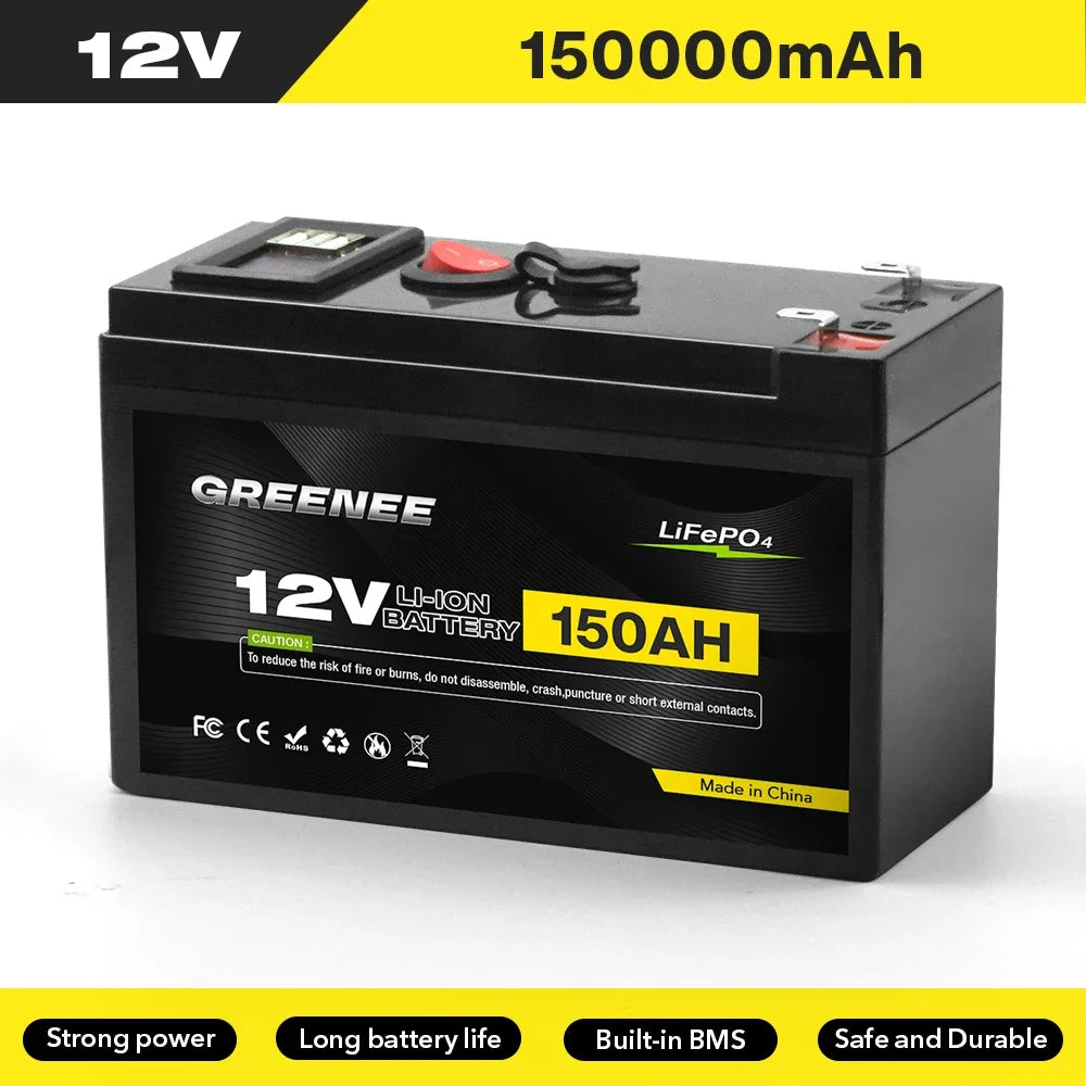 12V 150Ah Lithium LiFePO4 Deep Cycle Battery, 4000+ Cycles Rechargeable Battery, Lithium Iron Phosphate for Solar/Wind Power