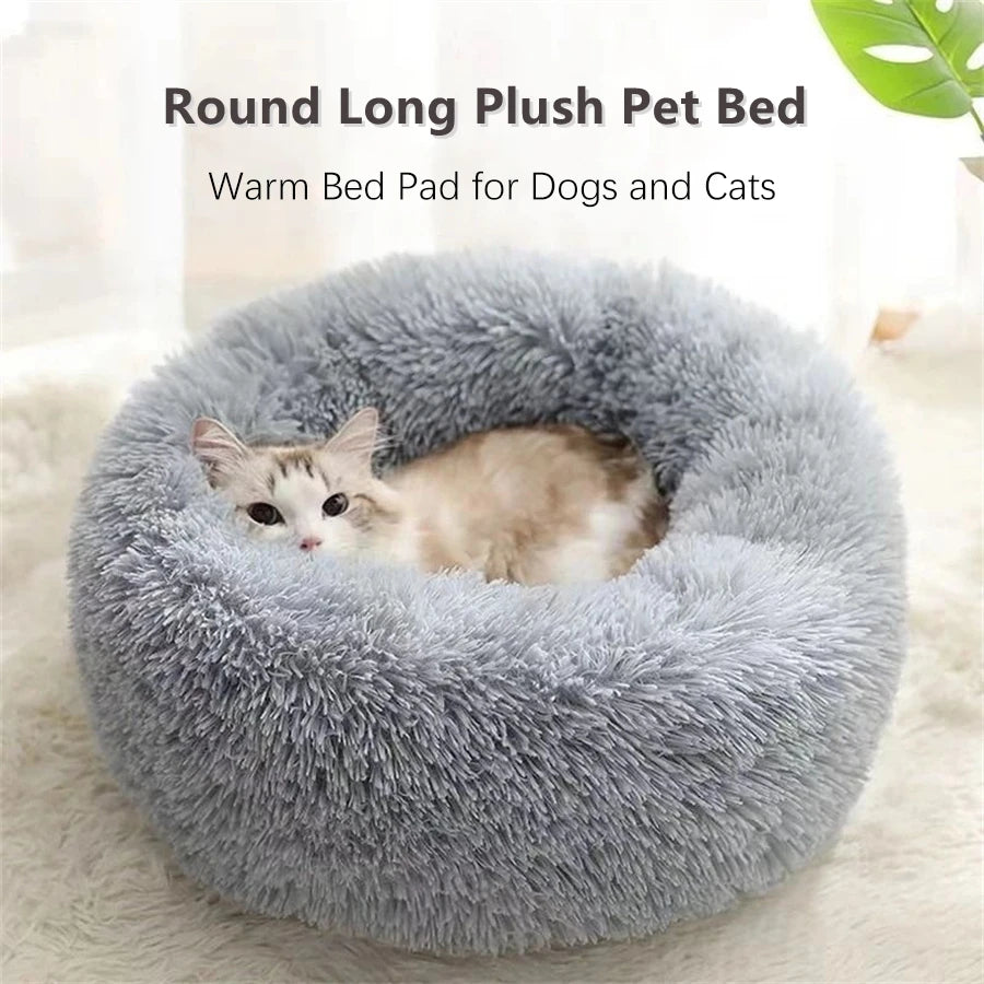 Soft Long Plush Cat House Beds dog Calm Warm Faux Fur Bed Donut Round Comfortable Sleeping Bed Washable for Small Medium Dog Cat