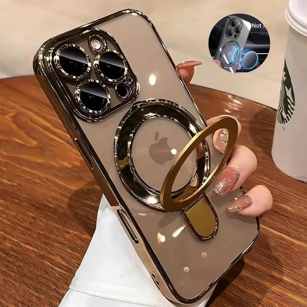 Luxury For Magsafe Bracket Case For iPhone 17 Air 16 Pro 15 14 13 12 11 Pro Max Magnetic Ring Stand Holder Clear Soft Cover