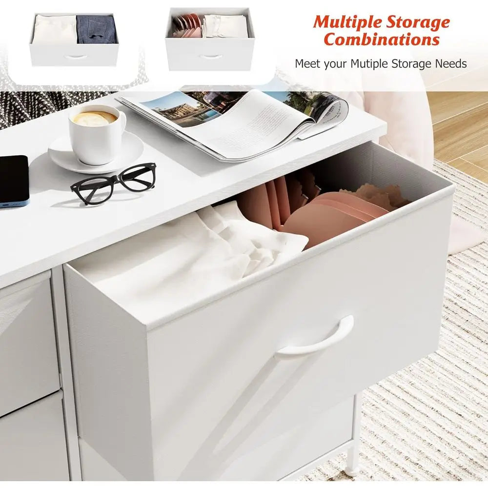 5 Drawer Bedroom Chest with Storage, Wooden Top, Steel Handles, White, 30 x 100 x 61
