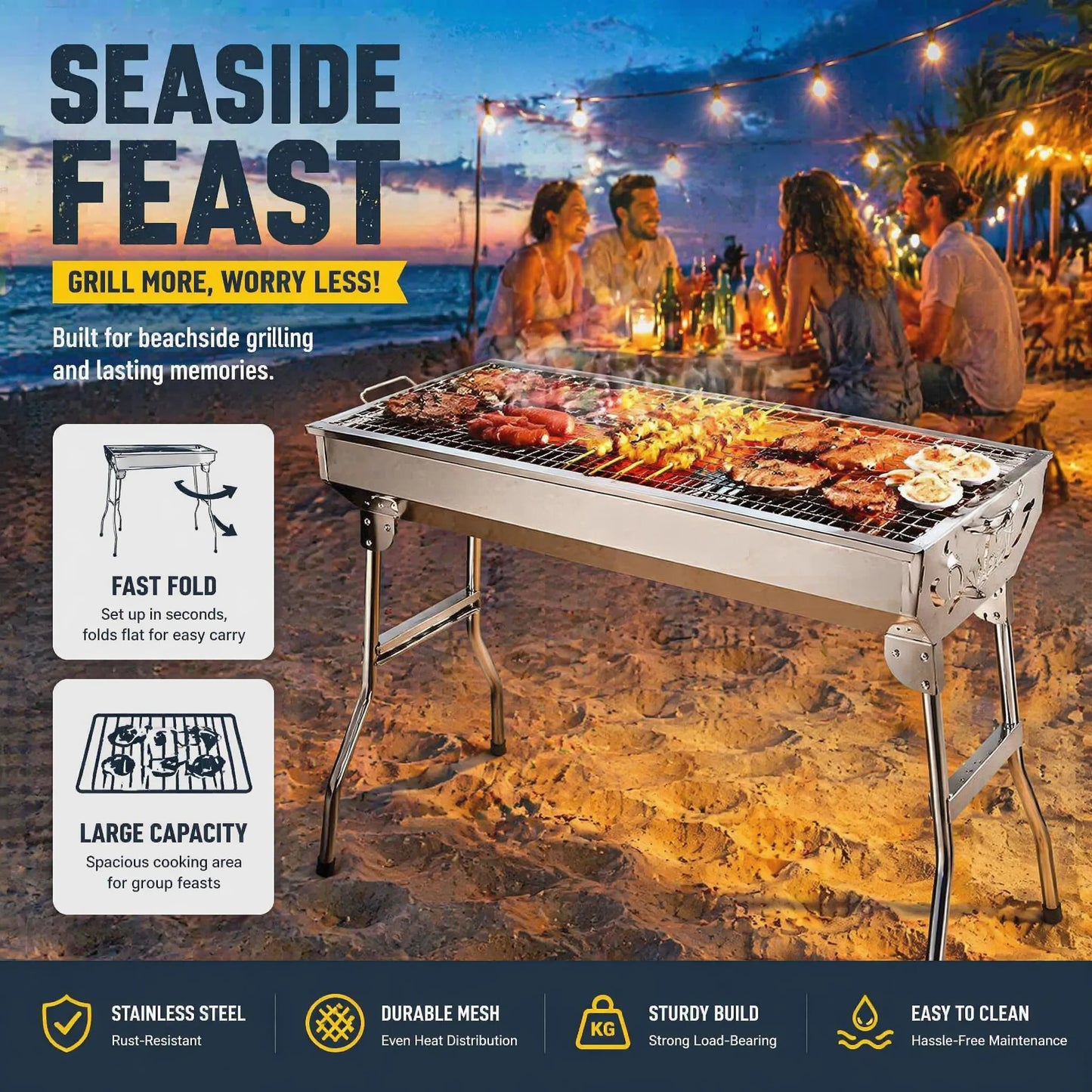 Portable Folding BBQ Grill, Instant Setup Charcoal Barbecue for Camping Festivals Beach, Lightweight Stainless Steel with Carry Bag, Foldable Legs Garden Picnic