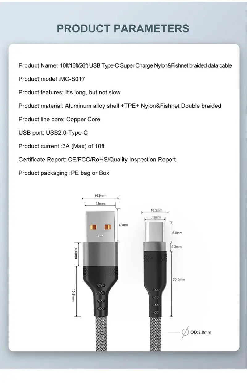 USB Type C Cable 5A Super Fast Charge Cable For Huawei 1m 3m 5m 8 Meter USB C Extension Cable for Samsung Xiaomi OPPO Universal
