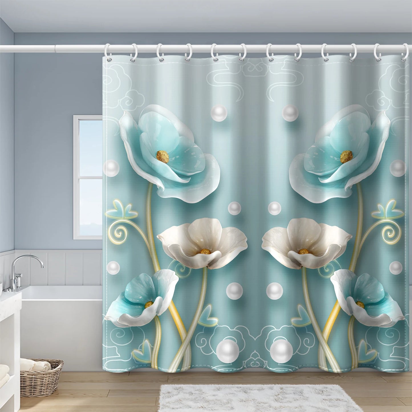 4-piece set of blue white jade orchid waterproof printed shower curtains with 12 hooks, bathroom floor mats