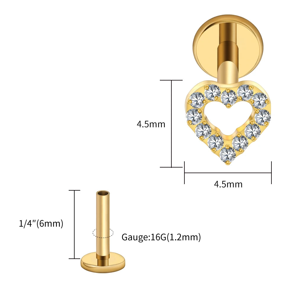 Right Grand ASTM F136 Titanium Mini Heart Cartilage Earring 16G Dainty Flat Back Labret Stud Tragus Helix Piercing Jewelry
