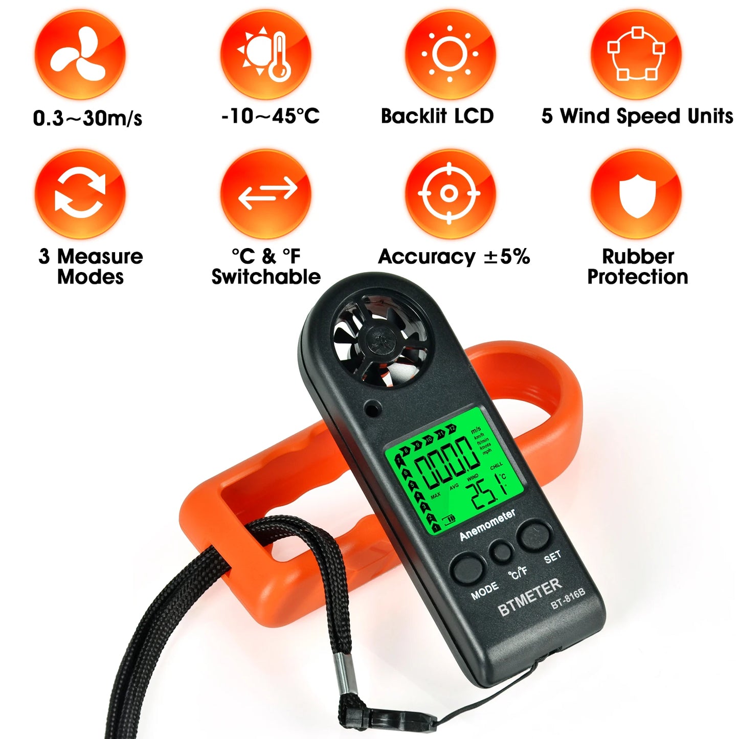 Mini Pocket Anemometer HP-816B, Wind Speed Meter 0-30m/s Current/Average/Max with Temp Backlit LCD for Drone Shooting Outdoor