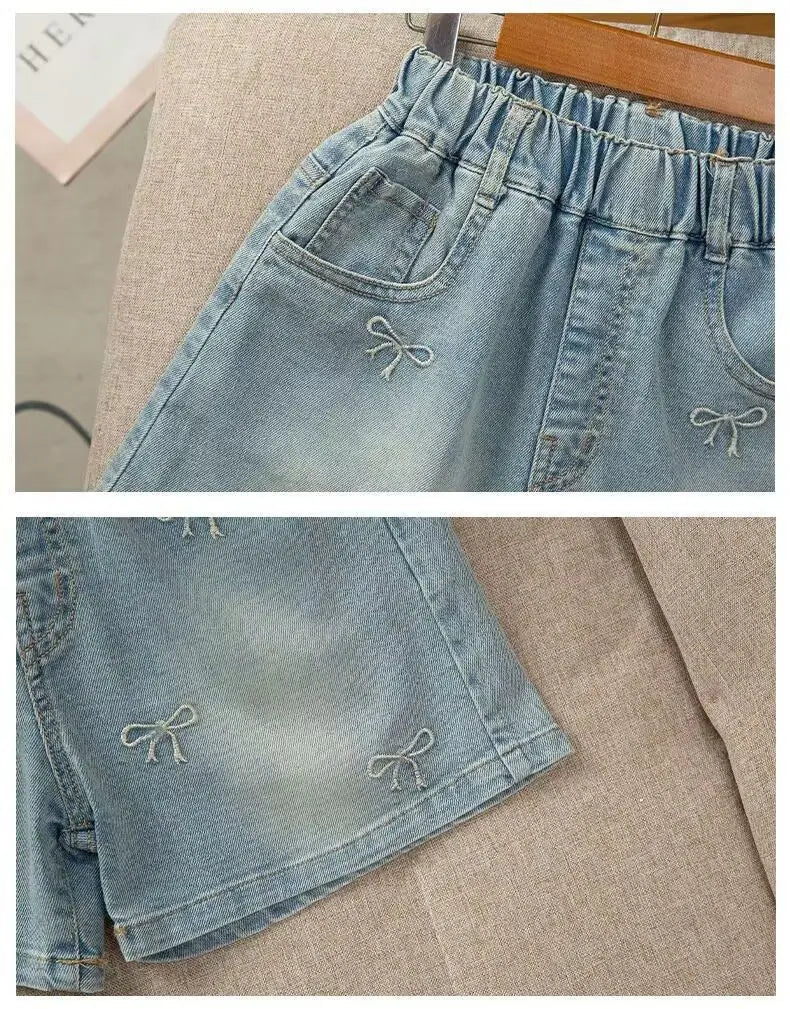 New Summer Girls Shorts Jeans Fashion Embroidery Bow Short Denim Pants For 2-12 Years Kids Clothes Children Cotton Trousers