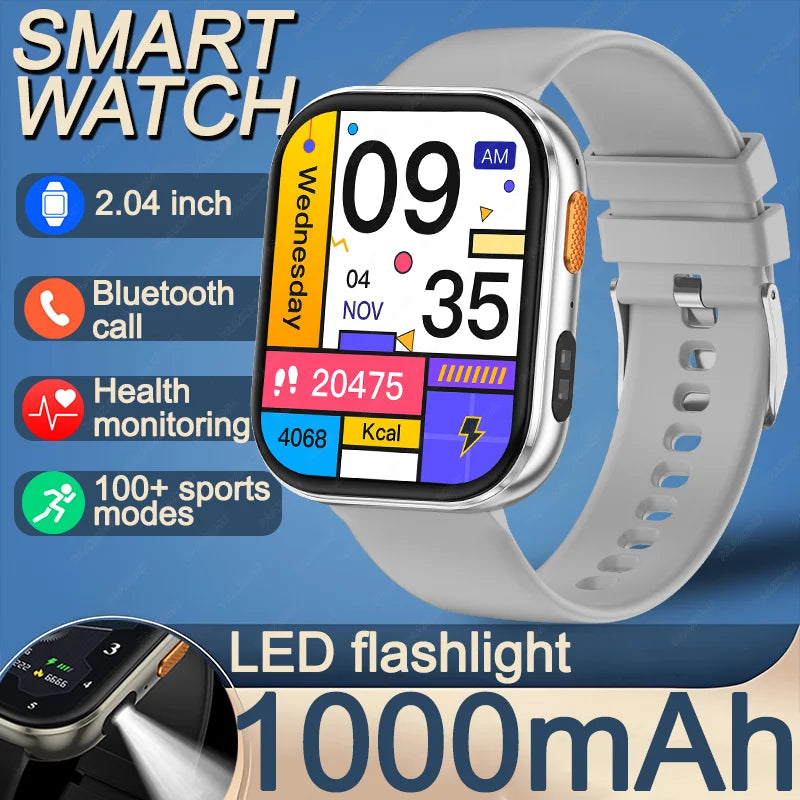 Outdoor New 1000mAh SmartWatch 2.04"HD Screen Smartwatch LED Flashlight 100+sports mode BT Call Waterproof SmartWatches Men Wome