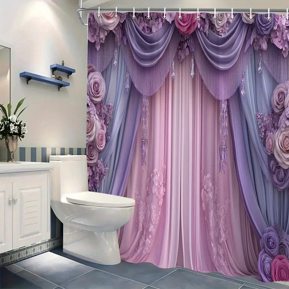 Victorian Lavender & Pink Floral Shower Curtain - Crystal Pendants, Elegant Luxury Polyester,   12 Hooks, Elegant Bath Decor