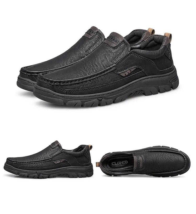CLOHOOMen's Casual Loafers Handmade Breathable Leather Shoes with Thick Rubber Sole Comfortable Footwear Classic Hand Sewn Seams
