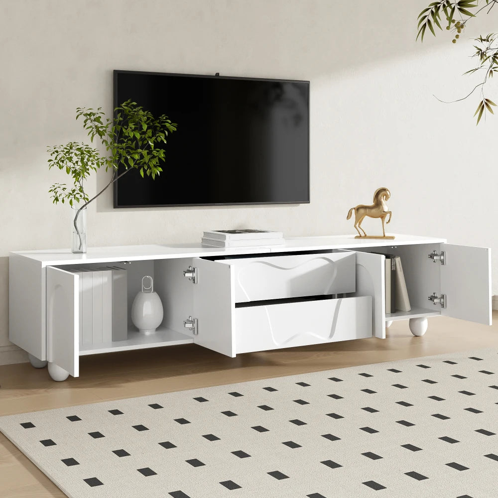 180cm Modern TV Stand for TVs up to 65 inches, Storage TV Cabinet with Solid Wood Legs, Black PB Board Entertainment Center for