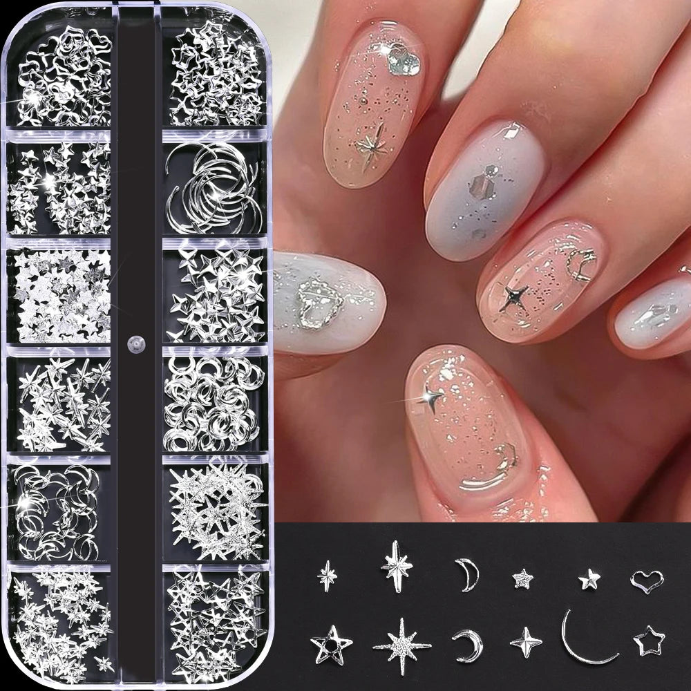 12Grid Shiny Silver Half Round Metal Caviar Bead Nail Rivets Charms 2/3/4/5/6/8mm Flatback Pearl Balls Nail Art Studs Y2k Decora