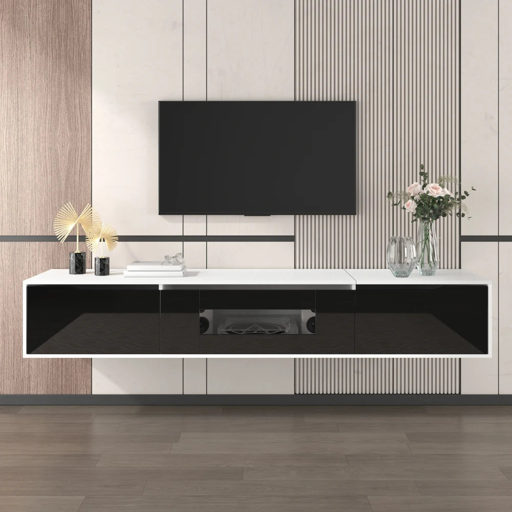 PINGGO TV cabinet, high-gloss TV cabinet, matching colours in white and high-gloss black, with colour-changing LED lights