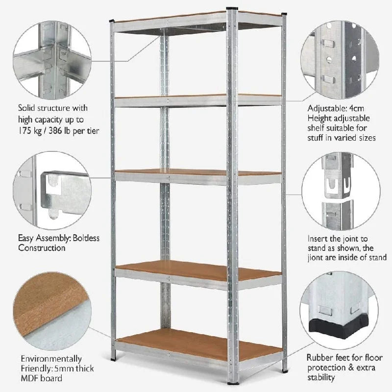 Adjustable Height Layout 5-Tier Heavy Duty Shelf 875kg Boltless Metal Rack Tool Free Assembly for Garage Warehouse Storage