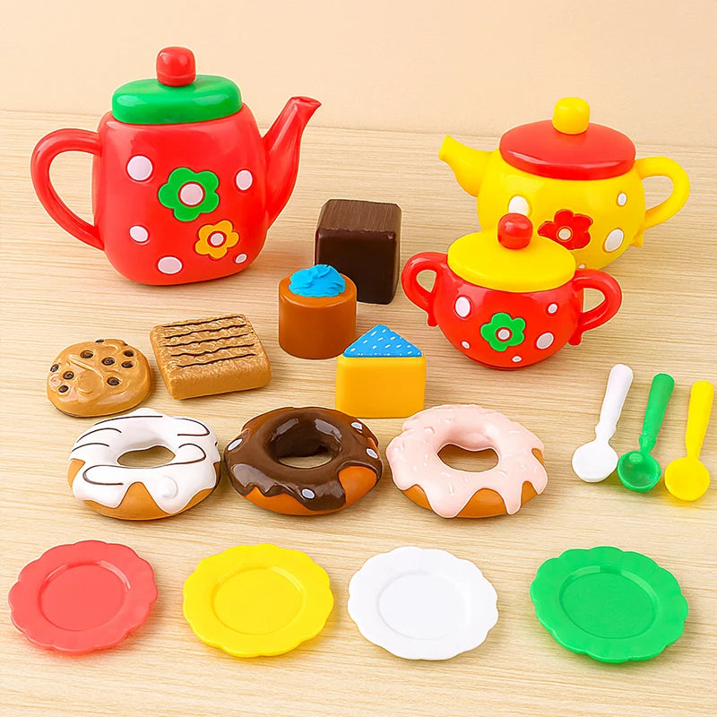 Afternoon Tea Set, 24Pcs of Girls' Playhouse Tea Set, Children's Kitchen Toy Set Party Dress-Up Toy, Donut, Cake
