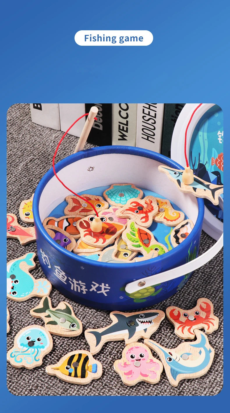 Wooden Magnetic Fishing Toys for Children Marine Life Cognition Fish Games Baby Early Educational Parent-child Interactive Toy