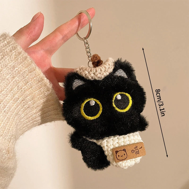 Cute Black Cat Plush Pendant Keychain Pilot Little Black Cat Hanging Backpack Keychain Creative Cat Plush Phone Keychain Gift