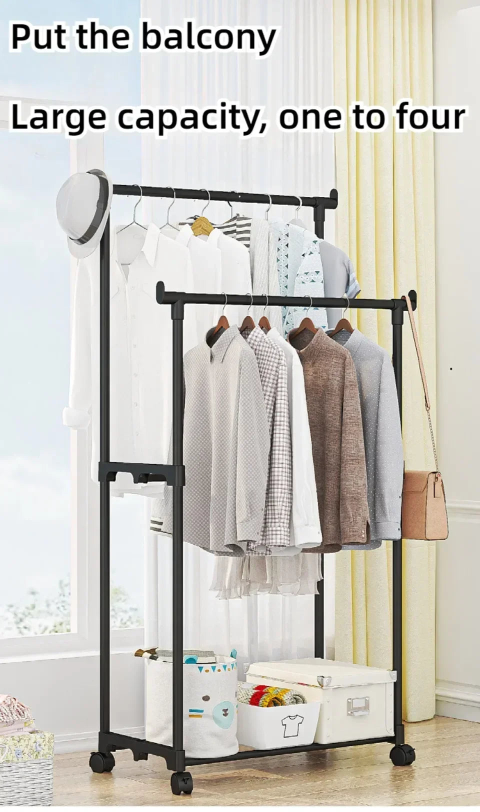 Standing Clothes Hanger Movable Simple Clothing Shelf Bedroom Storage Rack Assembled Closet Organizer Double Rod Coat Rack Floor