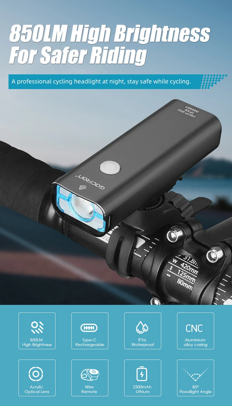 GACIRON 400-800LM Bicycle Headlight Bike Front Light with Wire Remote Switch IPX6 Waterproof Chargeable Pro Contest Flashlight