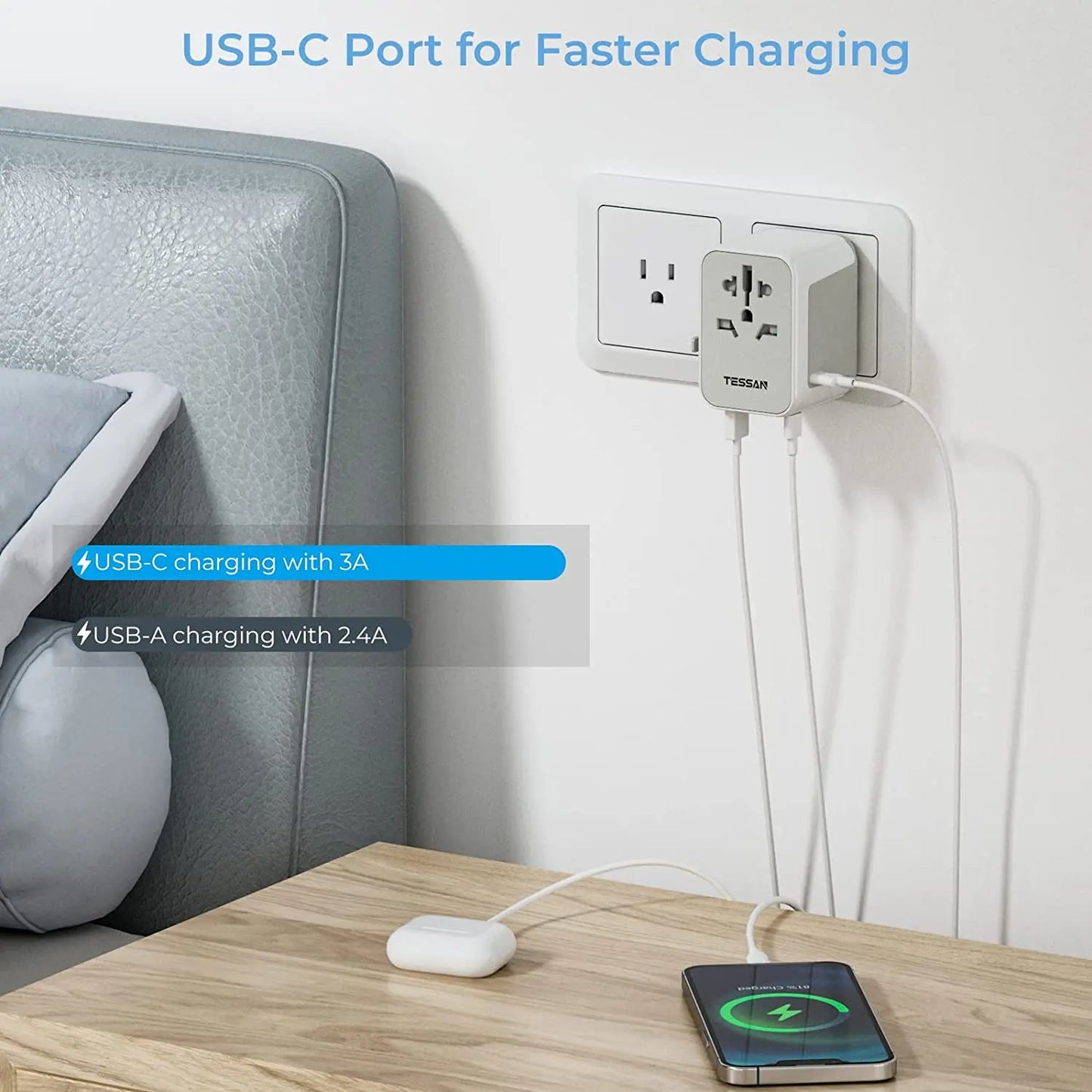 TESSAN Universal Travel Adapter Worldwide with USB & Type C, International Plug All-in-one Wall Charger for US EU UK AUS Travel