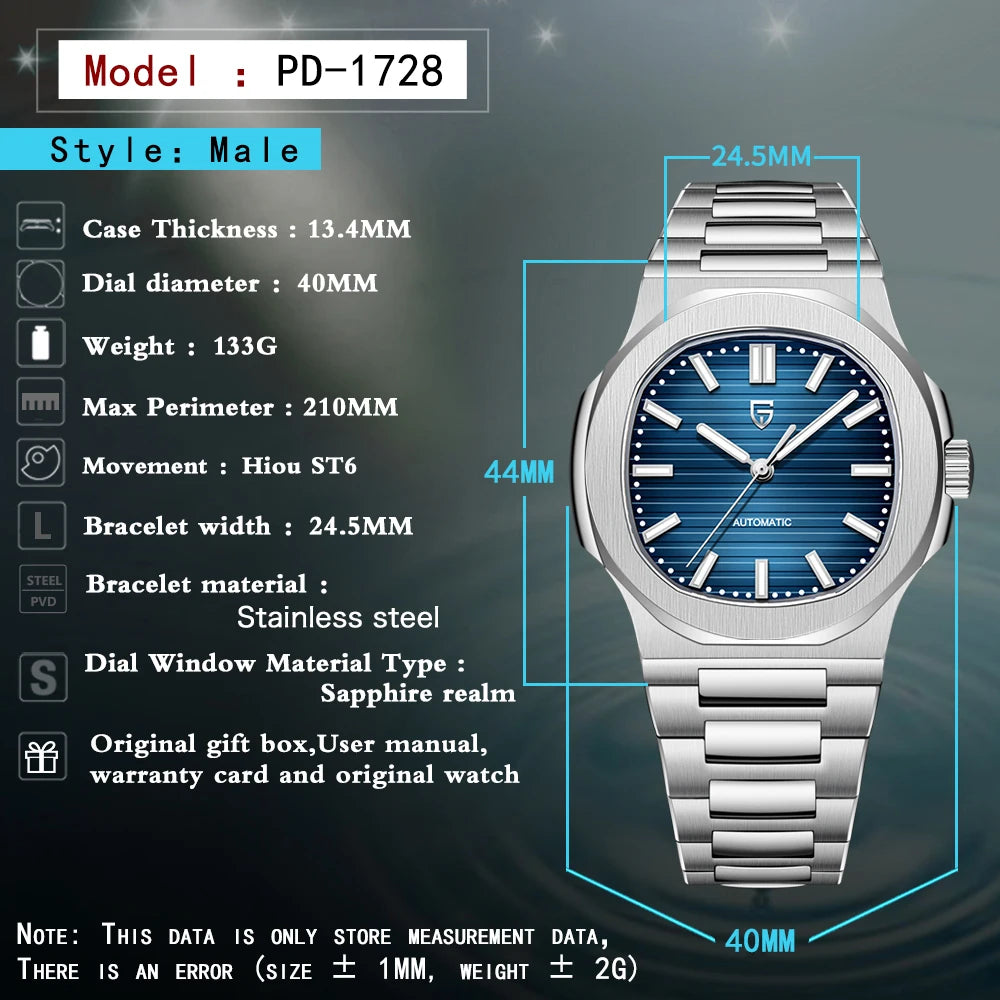 PAGANI DESIGN men's 1728 luxury Retro Mechanical Watch Men's Gift box stainless steel Sapphire glass 100m waterproof Men's Watch
