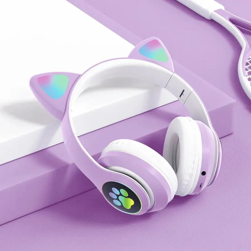 Bluetooth 5.0 Stereo With Mic Flash Lamp Cute Cat Ears Headphone Support TF Card Wireless Kids Girl Earphone Birthday Gift