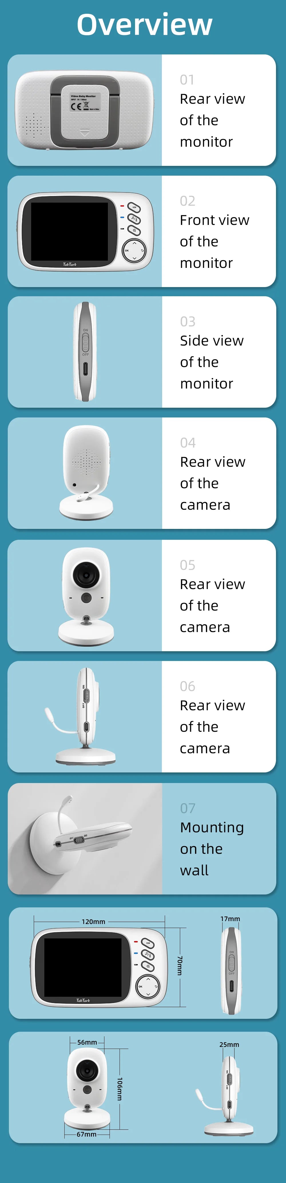 TakTark 3.2 Inch Wireless Video Baby Monitor With Lullabies Auto Night Vision Two Way Intercom Temperature Monitoring Babysitter