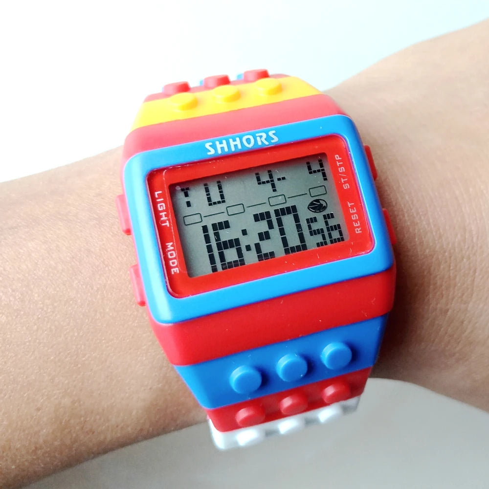 Fashion Students Mens Women Colourful SHHORS Building Blocks Plastic Waterproof Sport Digital Electronic Multifunctional Watches