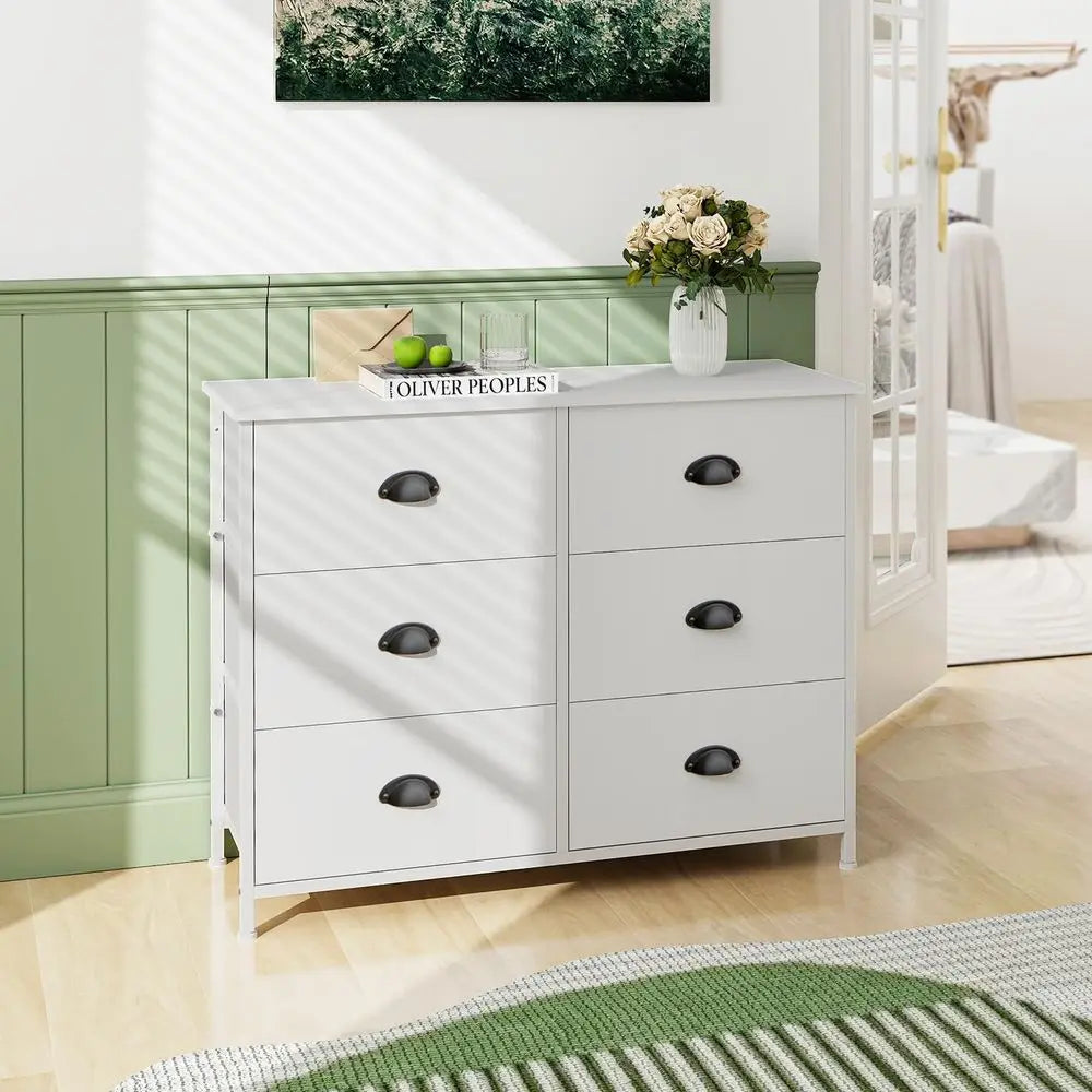 5 6Drawer Dresser, Fabric Chest of Drawers Storage Tower with Wooden Top amp Front, Metal Frame Cabinet Organiser Unit for Bedr