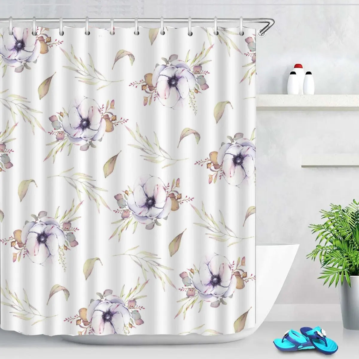 Pink Tulip Bathroom Curtain Flower Plant Shower Curtain Bathroom Polyester Waterproof Decorative Curtain with Hooks