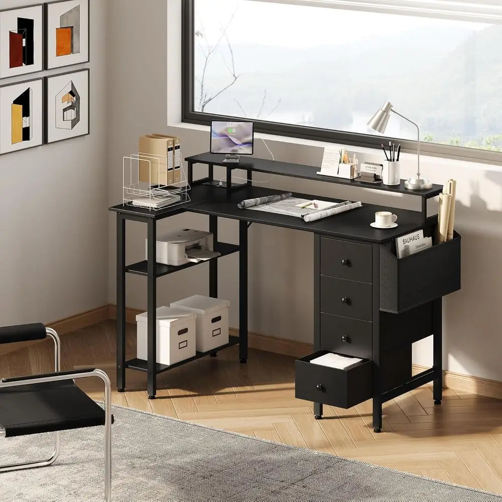 120x70cm L-Shaped Computer Desk with Power Outlets, Monitor Stand and Reversible Shelves, Black