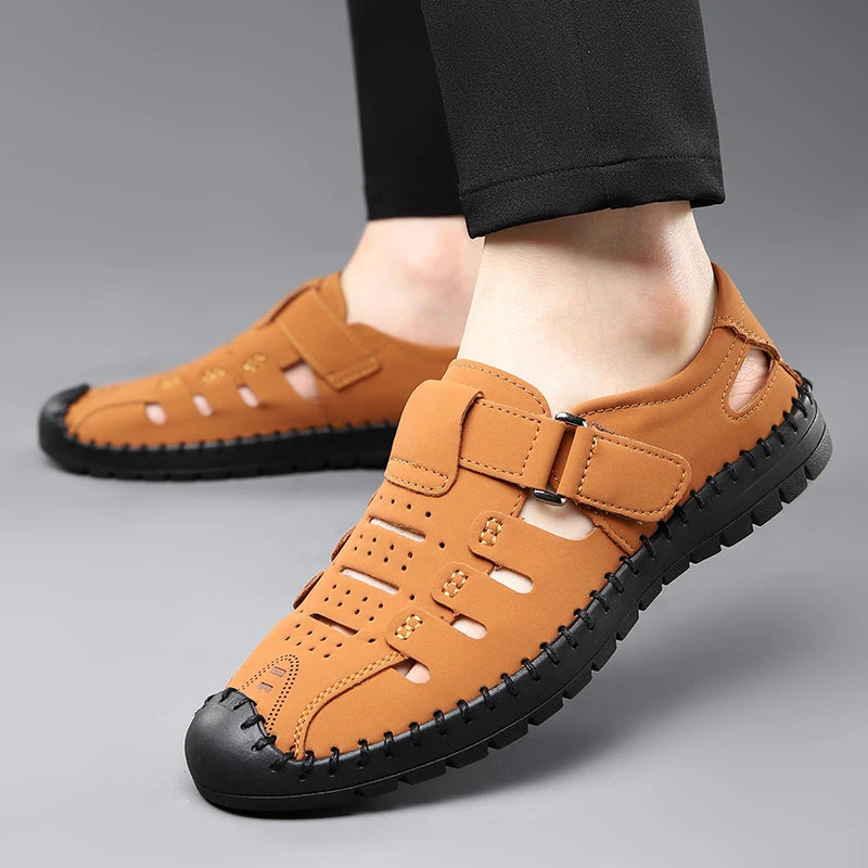 Men's Summer Hollow out Comfortable Breathable Slip-On Leather Shoes Anti-Slip Soft Bottom Outdoor Casual Loafers-1375