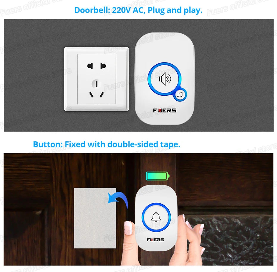 Fuers Wireless Doorbell Waterproof Door Chime Kit Welcome Chime Home Door Bell Intelligent 32 Songs Melodies Sound And LED