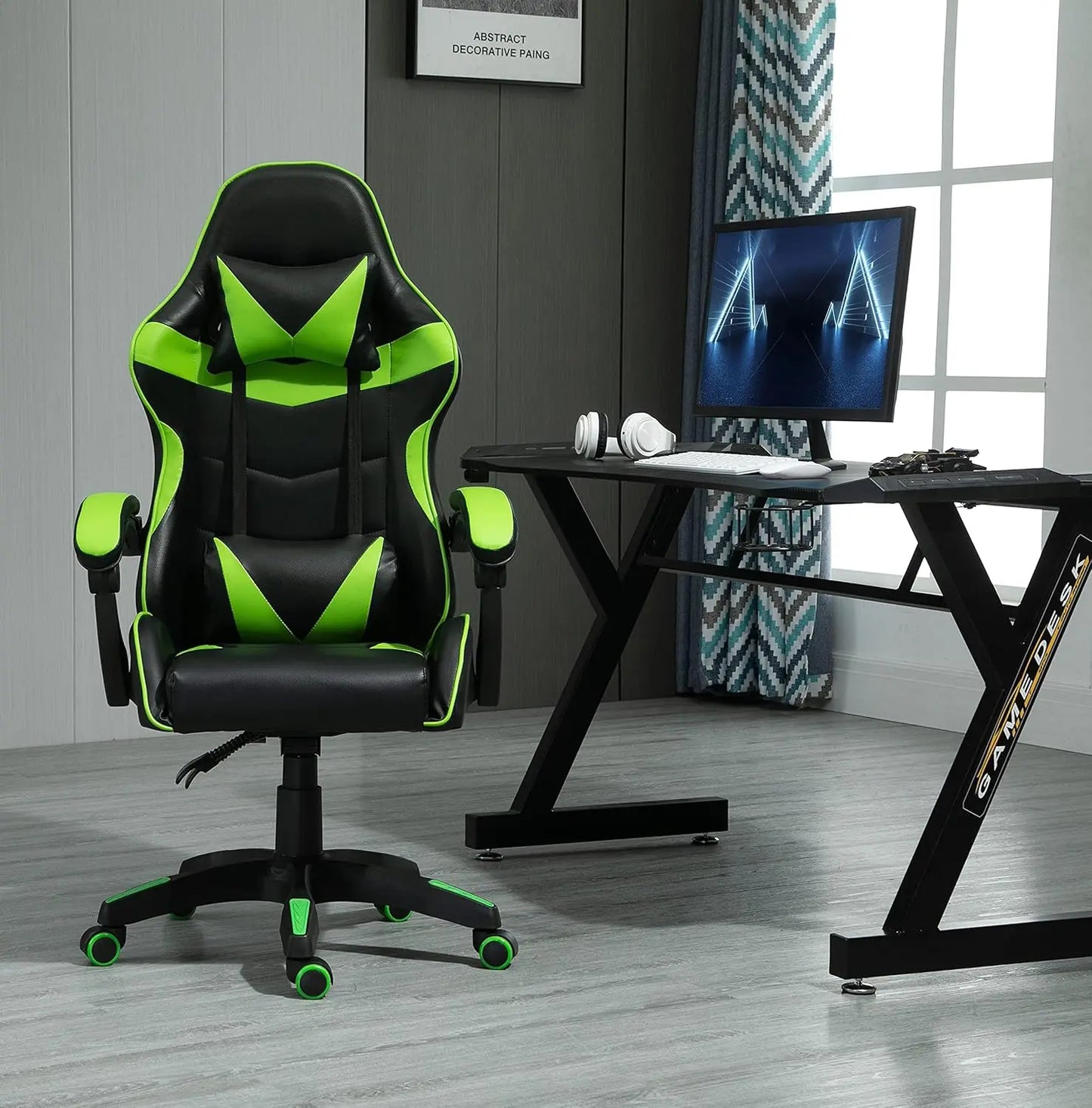 mcc direct Swivel Faux Leather Office Chair Racing Sports Gaming Tilt Computer Desk Chair with Headrest & Lumbar Cushion A
