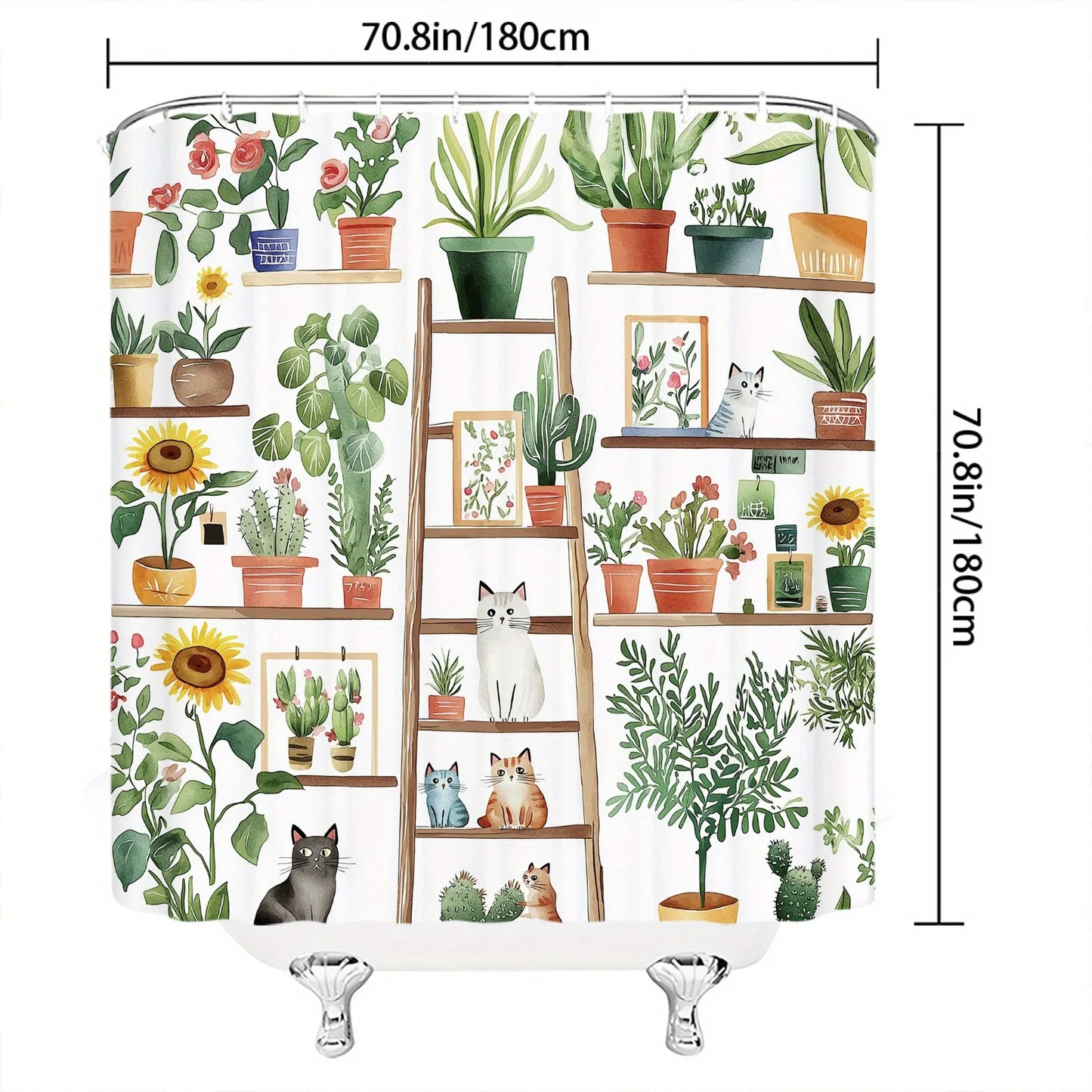 Shelf Potted Cat Shower Curtain, Green Plants & Flower Stands, Pastoral Design, Polyester, 12 Hooks